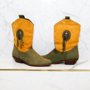 Vintage DINGO Olive Green & Yellow Suede Leather Cowgirl Boots Tassels Size 9